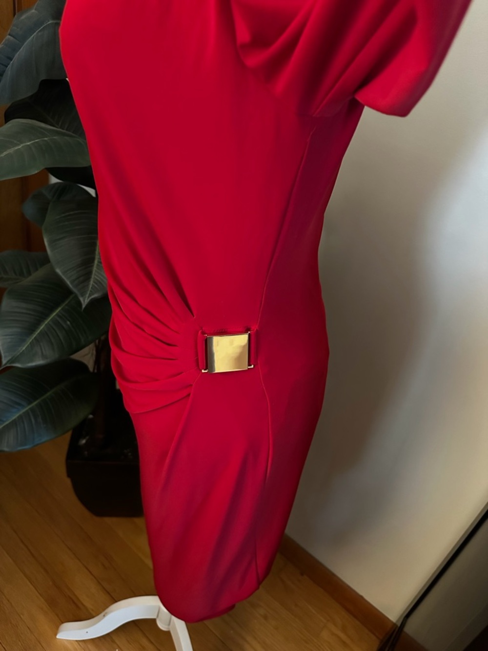 Tahari Red Scoop-Neck Midi Dress with Side Ruching - Picture 3 of 5